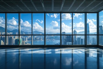 cityscape of hong kong in blue cloud sky from empty office