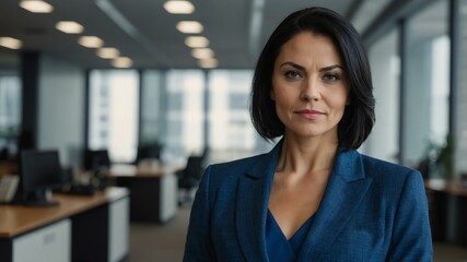 Fototapeta premium adult black hair caucasian woman in blue formal attire model portrait looking confident on an office background for ad concept space for text