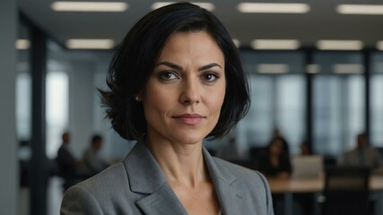 Fototapeta premium adult black hair caucasian woman in gray formal attire model portrait looking confident on an office background for ad concept space for text