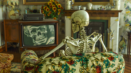 Rearview of skeleton sitting on armchair sofa couch and watching retro vintage TV