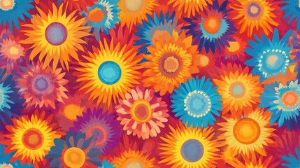 Seamless texture featuring a vibrant pattern of bright cheerful suns in various shapes and colors radiating warmth Illustration