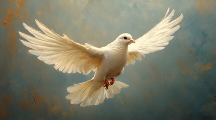 Obraz premium A white dove with its wings spread wide, in mid-flight against a blue and gold background.