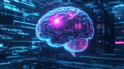 Neon blue and purple 3D brain floating in mid-air, surrounded by swirling digital data and holographic diagrams, cyberpunk style.