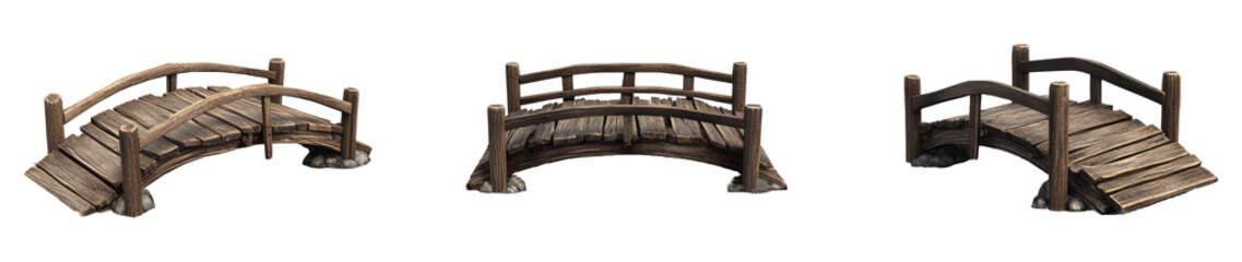 Naklejka premium Set collection of arch rustic wooden wood suspended suspension bridge footbridge boardwalk side view on transparent 