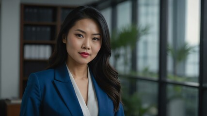 Fototapeta premium adult black hair asian woman in blue formal attire model portrait looking confident on an office background for ad concept space for text