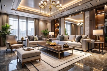 Luxurious modern living room with sleek lines, neutral tones, and lavish textures, exuding sophistication and elegance