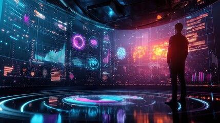 Business presentation in a virtual reality space with floating pie charts and 3D bar graphs, vibrant hologram effects, futuristic corporate setting.