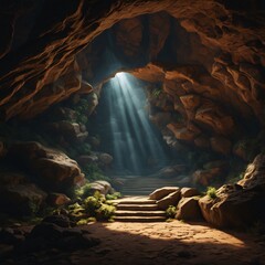 a cave with a sun light shining through the rocks