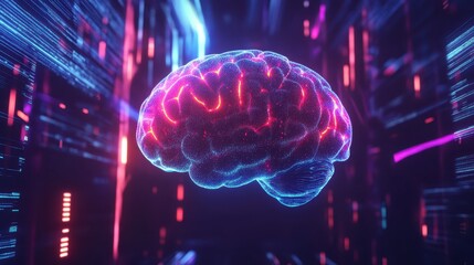 A 3D holographic brain suspended in mid-air, glowing in bright neon colors, surrounded by data waves, futuristic and sci-fi style.