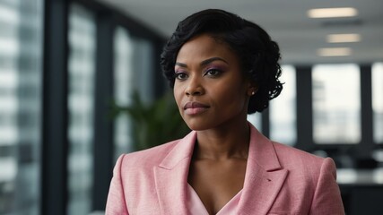 Fototapeta premium adult black hair african woman in pink formal attire model portrait looking confident on an office background for ad concept space for text