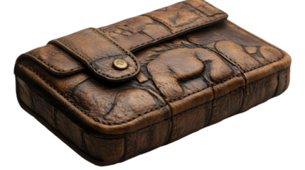 a brown leather wallet with a button. 