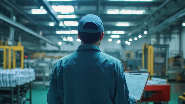 Worker facing away from the camera, inspecting stock on the production line, close-up of the back and the clipboard, bright factory lighting