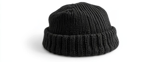 Black knit beanie on white background