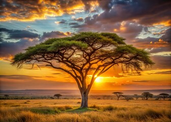 Obraz premium Majestic acacia tree stands tall, its twisted branches and thorny limbs stretching towards the sky, set against a