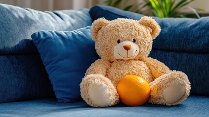 Teddy Bear on a Blue Couch with an Orange