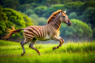 Magnificent zorse gallops freely in lush green pasture, its striped legs a blur as it runs with unbridled energy and joy, surrounded by natural beauty.