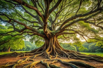 Majestic ancient tree stands tall, its sprawling roots grasping the earth, twisted and gnarled with age, set against