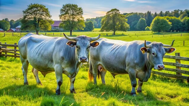 Majestic Belgian Blue cattle graze in lush green meadow, their distinctive muscular build and gray-blue coats