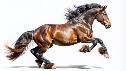 Obraz premium Brown-black Percheron horse jumping towards, isolated on white. 64-69 inches tall, muscular build, equestrian disciplines, France - origin, powerful hoofs - agricultural stallion