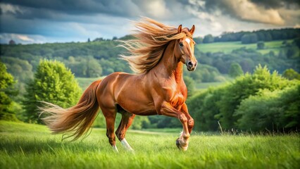 Obraz premium Majestic chestnut horse with gleaming coat and flowing mane stands proudly in a lush green meadow, ears perked