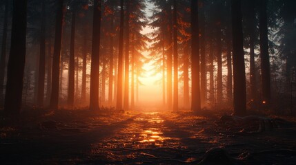 Obraz premium Golden Sunset Through Trees in Misty Forest