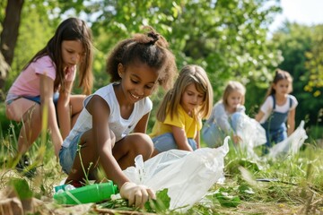 Group of kids volunteer child grass environmentalist.