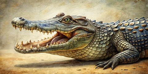 Fototapeta premium 2. Miniature alligator artwork boasts textured scales and menacing teeth on a rugged canvas, capturing primal power in