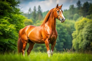 Majestic destrier horse, its powerful physique and muscles rippling beneath a gleaming chestnut coat, stands proudly in