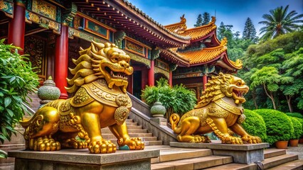 Fototapeta premium Majestic golden Fu dogs, ornate and intricately carved, stand guard at a traditional Chinese temple entrance, exuding