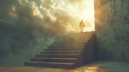 Businessman walking up the stairs to success Concept of success