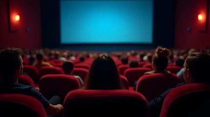 Obraz premium Captivated Audience Awaits the Silver Screen: A packed cinema awaits the start of a film, the anticipation palpable in the air. 
