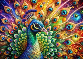 Vibrant abstract modern art collage portrait of a majestic peacock, featuring swirling feathers, geometric shapes, and mesmerizing patterns, bursting with colorful energy.