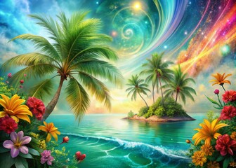 Obraz premium Vibrant island scenery with lush green palm trees, radiant flowers, and turquoise waters, set against a textured, abstract background of swirling color and light.