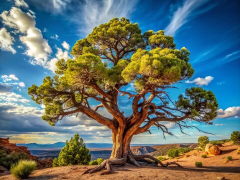 Majestic pi&ntilde;on tree stands tall amidst a serene New Mexico landscape, its twisted branches and rust-hued bark