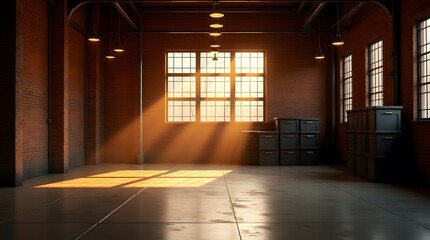 Industrial Loft Interior: Sunlight streams through large windows in an expansive, brick-walled industrial loft space. 