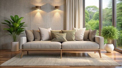 A calming therapy session awaits on a plush couch with soft cushions and neutral tones, creating a peaceful
