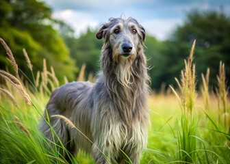 Fototapeta premium Majestic Scottish Deerhound with silky grey coat and piercing brown eyes stands regally in a lush green meadow,