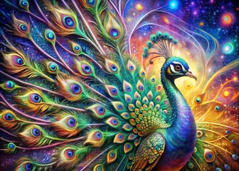 Vibrant abstract modern art collage portrait of a majestic peacock with iridescent feathers, swirling patterns, and AI-generated futuristic elements in a mesmerizing composition.