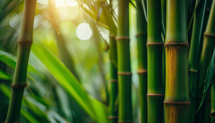 Fototapeta premium Close-Up of Textured, Weathered Bamboo Stalks Intertwined with Lush, Tropical Foliage 