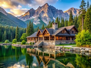 Fototapeta premium Majestic stone and wood visitor center nestled among ancient trees, surrounded by lush greenery, overlooking calm