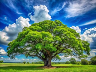 Obraz premium Majestic verdant trees with sprawling branches and vibrant green leaves stand tall against a serene blue sky with