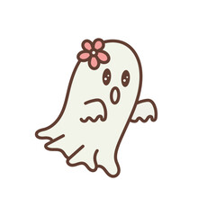 Retro Cute Halloween Ghost with Flower, Boo Ghost Illustration