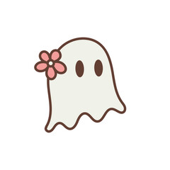 Retro Cute Halloween Ghost with Flower, Boo Ghost Illustration