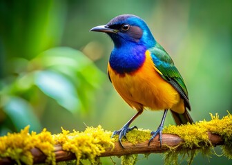 Obraz premium Vibrant Honey Bird Perched on a Branch Amidst Lush Green Foliage in a Natural Tropical Habitat