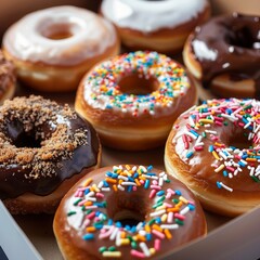 A Dozen Donuts in a Box Glazed, Chocolate, Sprinkles, and Cinnamon, donut , glazed donut , chocolate donut