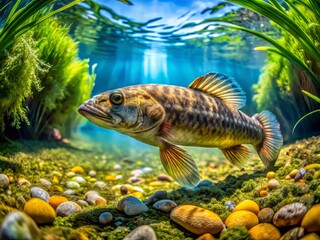 Fototapeta premium Vibrant Mudfish Swimming in Clear Water Surrounded by Natural Aquatic Habitat and Vegetation