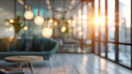 Beautiful blurred background of a light, modern office interior with panoramic windows and elegant lighting