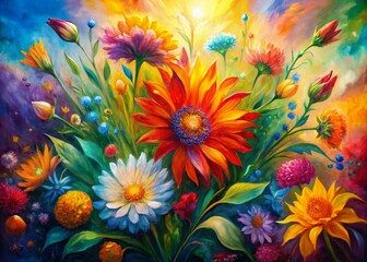 Fototapeta premium Vibrant fluid abstract blooms swirl in mesmerizing dance, radiating tender warmth and beauty, evoking feelings of serenity and joy in this stunning colorful floral oil painting.