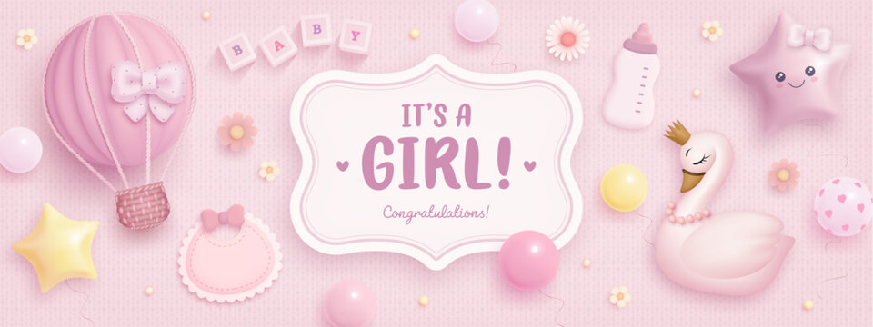 Fototapeta Baby shower banner, invitation, greeting card design template. Baby birth vector wallpaper with 3d toys. It's a girl. Welcome baby billboard. Arrival background