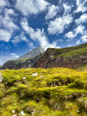 Naklejka premium mountain valley under the clouds. lonely mountain hut. lush greenery. mountain landscape. in the clouds. nature background. Log pod Mangartom